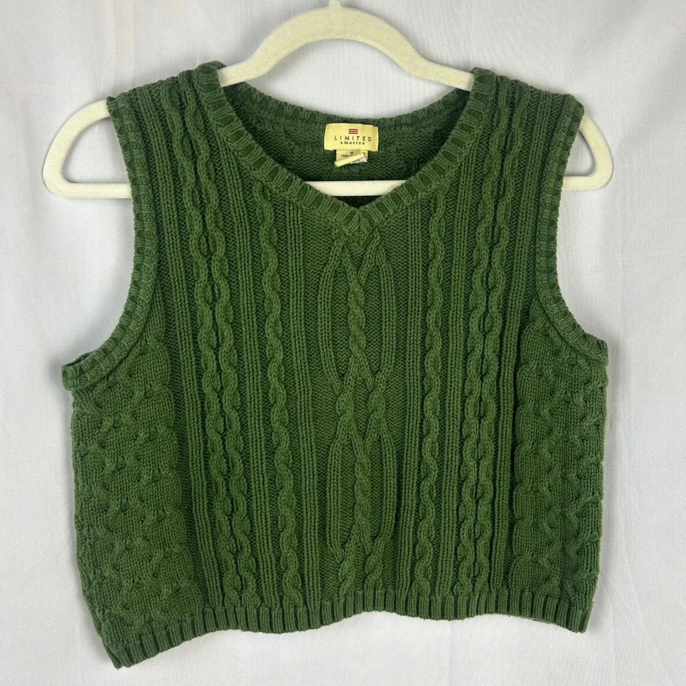 The Limited America Green Cable Knit V Neck Sweater Vest Crop Medium Vintage 90s